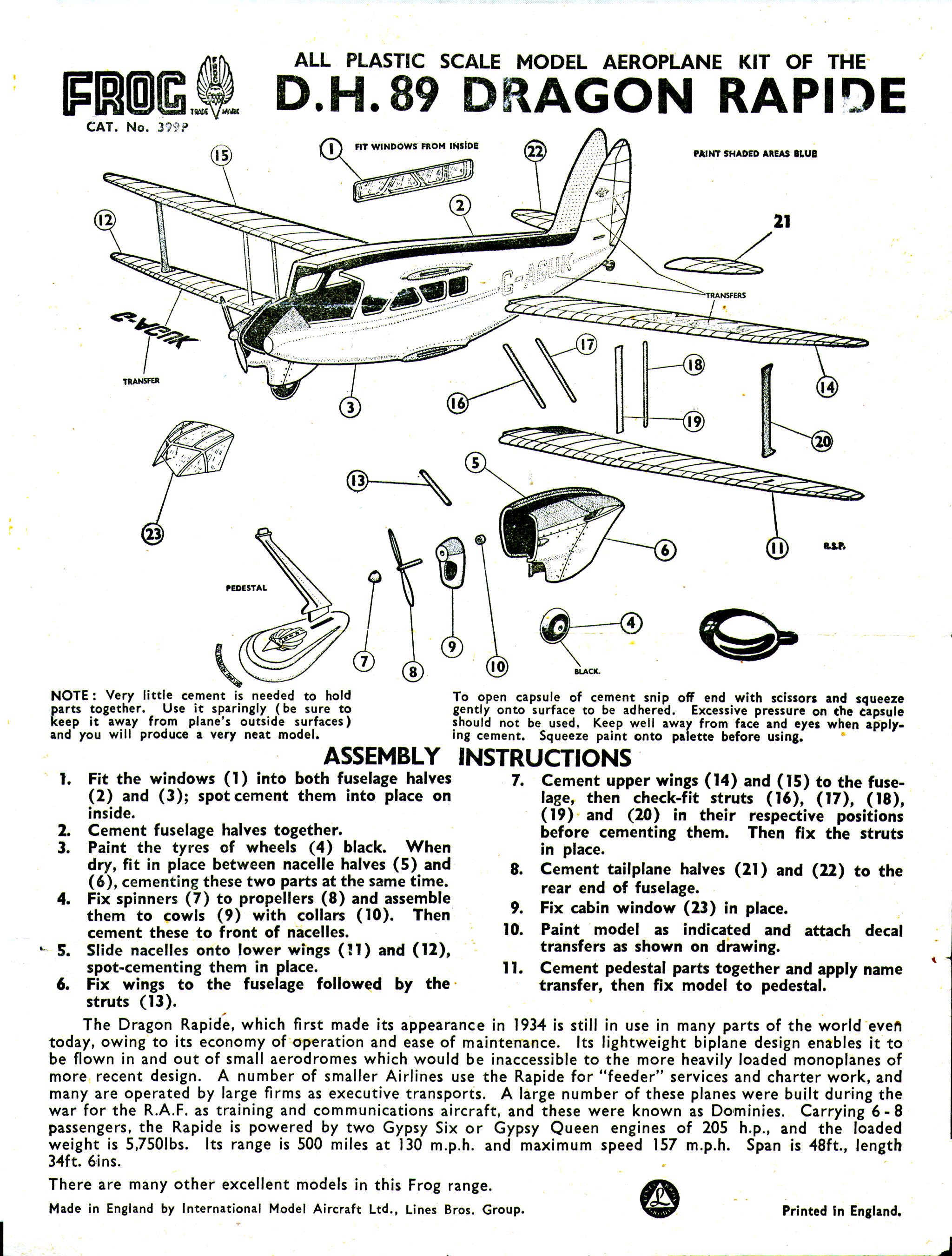 Assembly instructions FROG 399P de Havilland Dragon Rapide, IMA, 1959